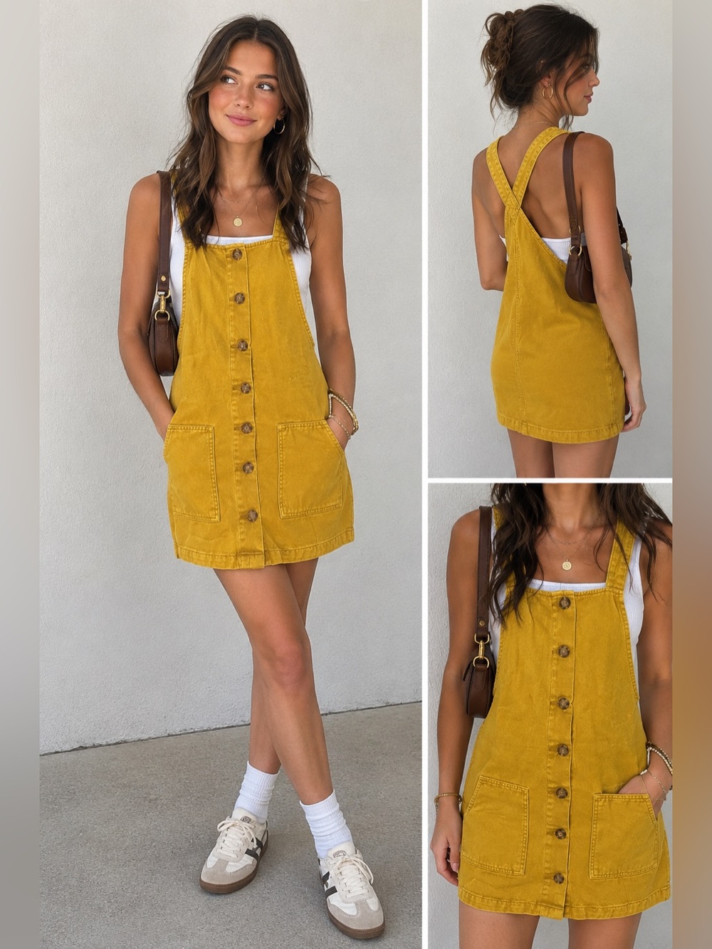 Newbury Kustom Button front cotton mini dress mustard yellow  Y2K